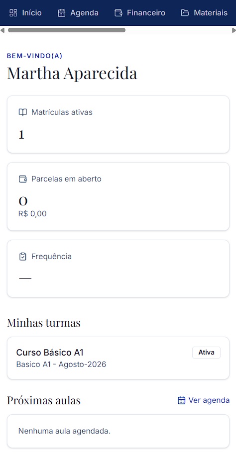 Portal do aluno do SchoolFlux com matrículas, financeiro e turmas